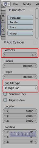 Создать цилиндр. Shift A -> Mesh -> Cylinder с параметрами Vertices = 8, Cap Fill Type = Triangle Fan